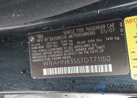2007 BMW 750Li z USA, uszkodzony, nr VIN WBAHN83557DT71150